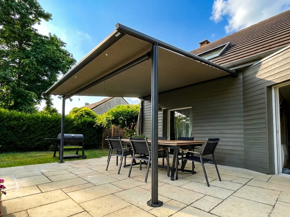 Terrasse extérieure équipée d'une pergola bioclimatique autoportante à toile rétractable, structure aluminium anthracite