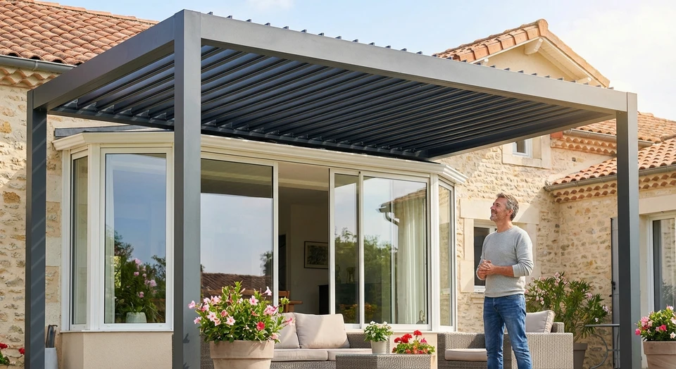 Un client satisfait dans son espace r&eacute;sidentiel ext&eacute;rieur, contemptant avec satisfaction sa pergola ou ses baies vitr&eacute;es r&eacute;cemment install&eacute;es par CEEN Menuiserie. La sc&egrave;ne doit montrer une personne adulte seule ou en petit groupe, en tenue d&eacute;contract&eacute;e, dans un cadre r&eacute;sidentiel lumineux et accueillant, regardant ou inspectant les menuiseries/protections solaires de qualit&eacute; qui ont &eacute;t&eacute; install&eacute;es. L'atmosph&egrave;re doit transmettre la satisfaction, la confiance et le bien-&ecirc;tre - les valeurs qui g&eacute;n&egrave;rent la recommandation cliente. Photographie r&eacute;elle de qualit&eacute; professionnelle, sans texte ni logo visible.